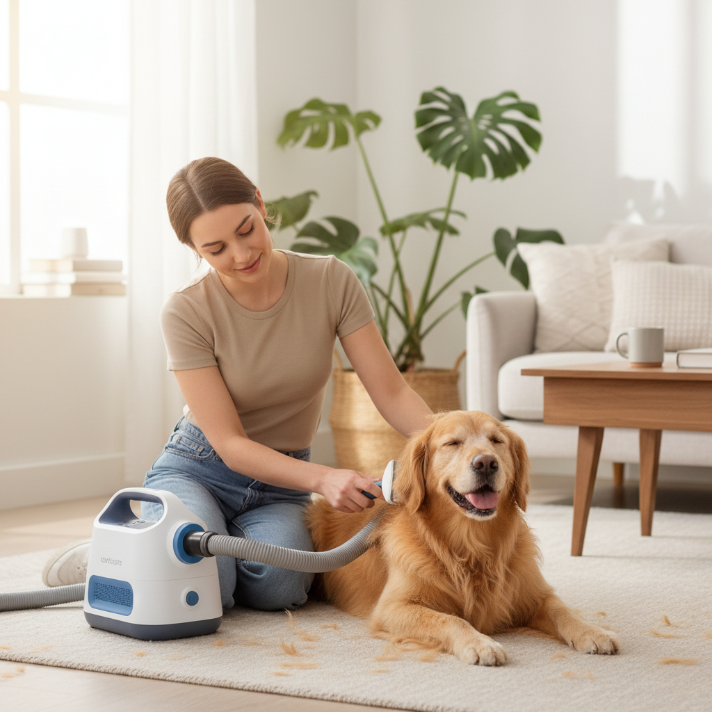 Person grooming a golden retriever with pet vacuum kit in cozy living room