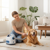 Person grooming a golden retriever with pet vacuum kit in cozy living room